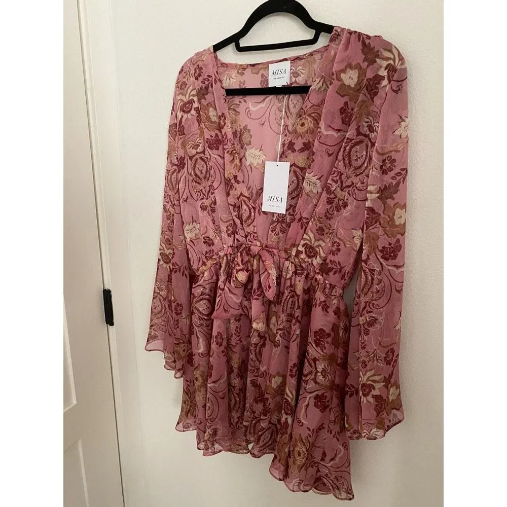 MISA Los Angeles Floral  Cristobol Mirror Pink Ruffle Mini Boho NWT $395 SM - Picture 5 of 8